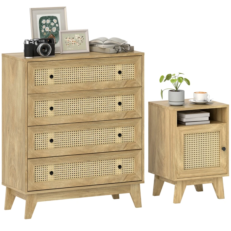 HOMCOM Chest of Drawer with 4 Rattan Drawers, Beside Table with Door, Natural