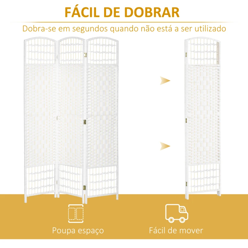HOMCOM Biombo Separador de Ambientes de 3 Painéis 120x170 cm Divisória de Ambientes Dobrável com Corda de Papel e Estrutura de Madeira Branco