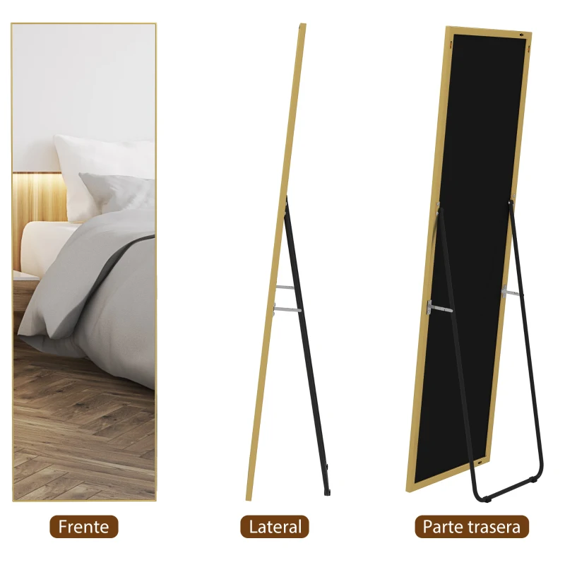 HOMCOM Espejo de Pie Cuerpo Entero de Aleación de Aluminio Espejo de Pared con 2 Formas de Uso Rectangular 50x161,5x2 cm Dorado