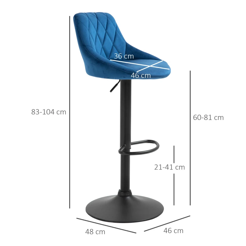 HOMCOM Set 2 Sgabelli da Cucina di Design con Schienale e Poggiapiedi, Seduta in Velluto e Base in Metallo, 46x48x83-104cm, Blu