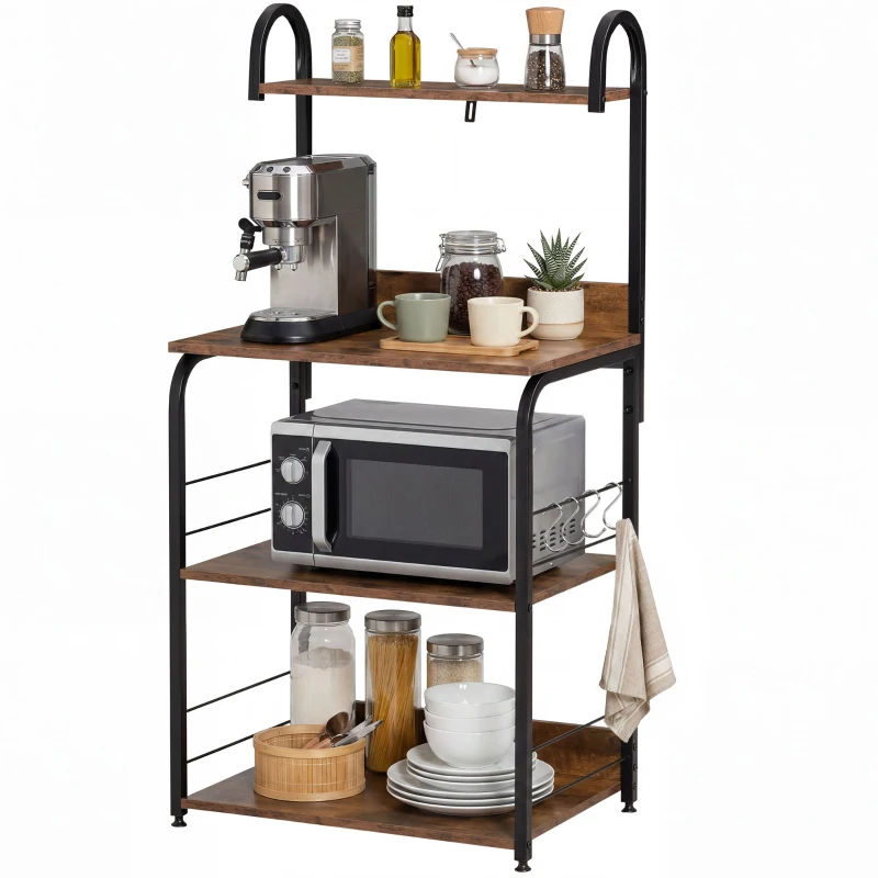 HOMCOM Küchenregal, Standregal mit 3 Ablagen, 4 Haken, Mikrowellenregal für Küche, Esszimmer, Rustikal-Braun, 60 x 40 x 125 cm