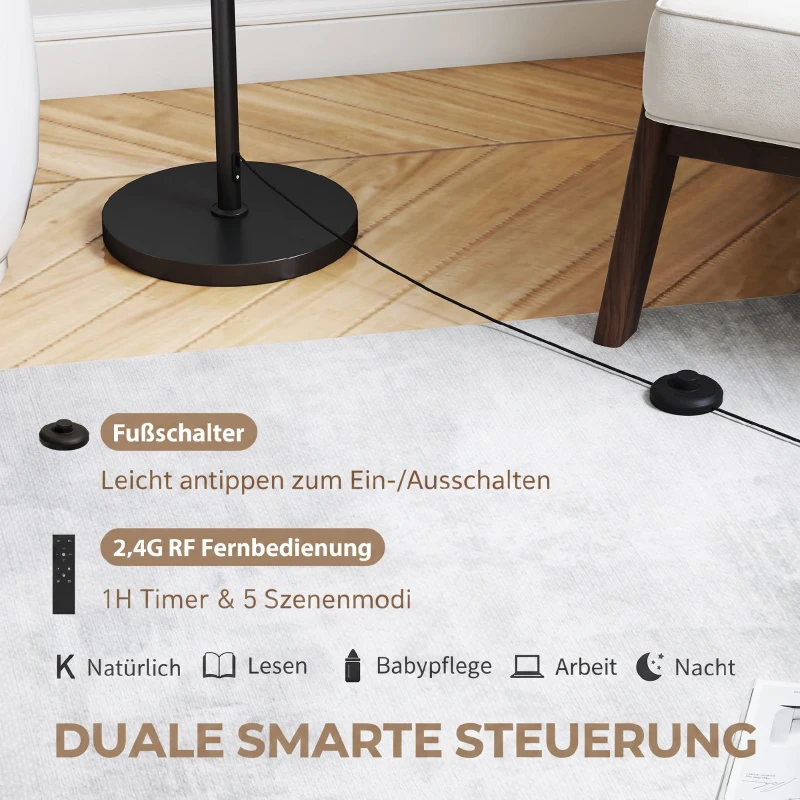 HOMCOM Stehlampe mit Fernbedienung, höhenverstellbar, Stoffschirm, Metallständer, anpassbare Helligkeit, Fußschalter, Schwarz