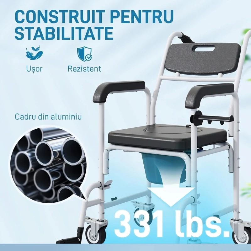 HOMCOM Scaun cu rotile cu WC impermeabil 4 în 1 cu suporturi pentru picioare rabatabile, din aluminiu și plastic, negru