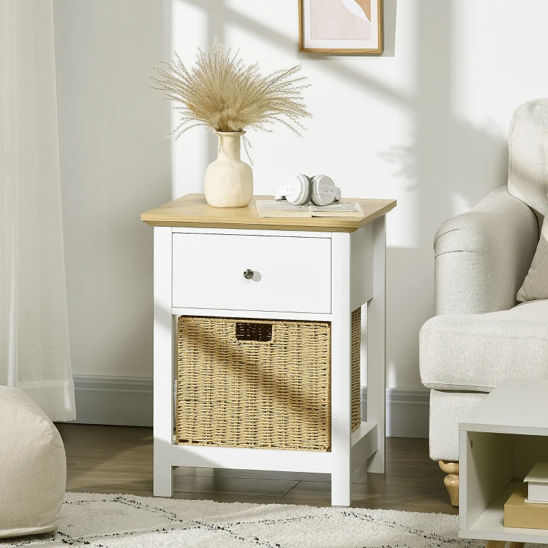 HOMCOM Mesita de Noche con Cajón y Cesta de Ratán Plegable Mesa Auxiliar para Salón Dormitorio 49x39x64 cm Blanco y Natural