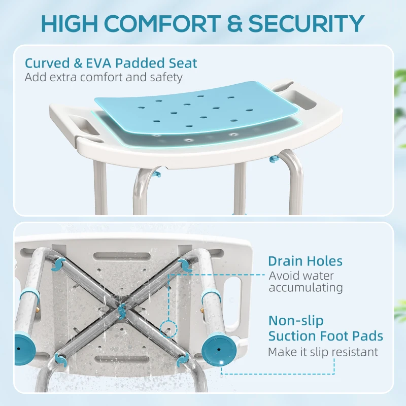 HOMCOM Shower Chair, Adjustable Height Shower Stool with Aluminium Frame and Non-Slip Feet, Bathtub Stool Seat with Padded Seat for Elderly Disabled Handicap, Turquoise