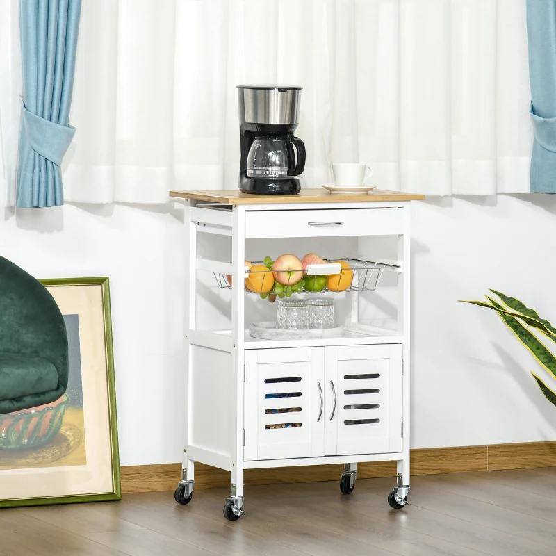 HOMCOM Chariot de service desserte de cuisine à roulettes meuble de rangement avec plateau en bambou panier en métal et armoire avec 2 portes persiennes dim. 58L x 37l x 83H cm - blanc