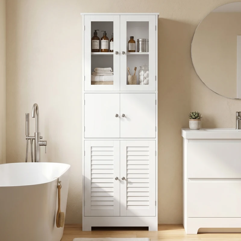 HOMCOM Meuble de salle de bain haut, meuble de rangement avec 6 portes dont 2 vitrées et 2 persiennes, étagère réglable, blanc
