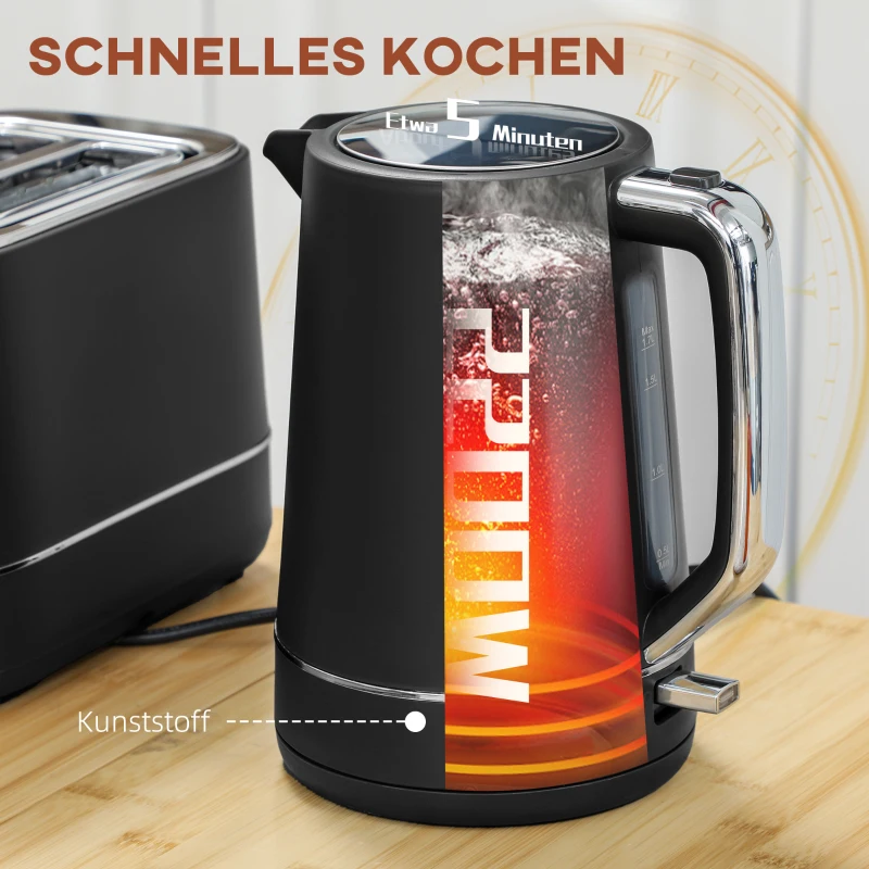 HOMCOM Set van 1,7 L waterkoker en broodrooster met 6 bruiningsstanden, Zwart/Staal