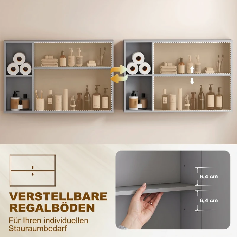 kleankin Wandmontierter Badezimmerspiegelschrank, Medizinschrank mit 3 Türen, Verstellbare Einlegeböden, Grau