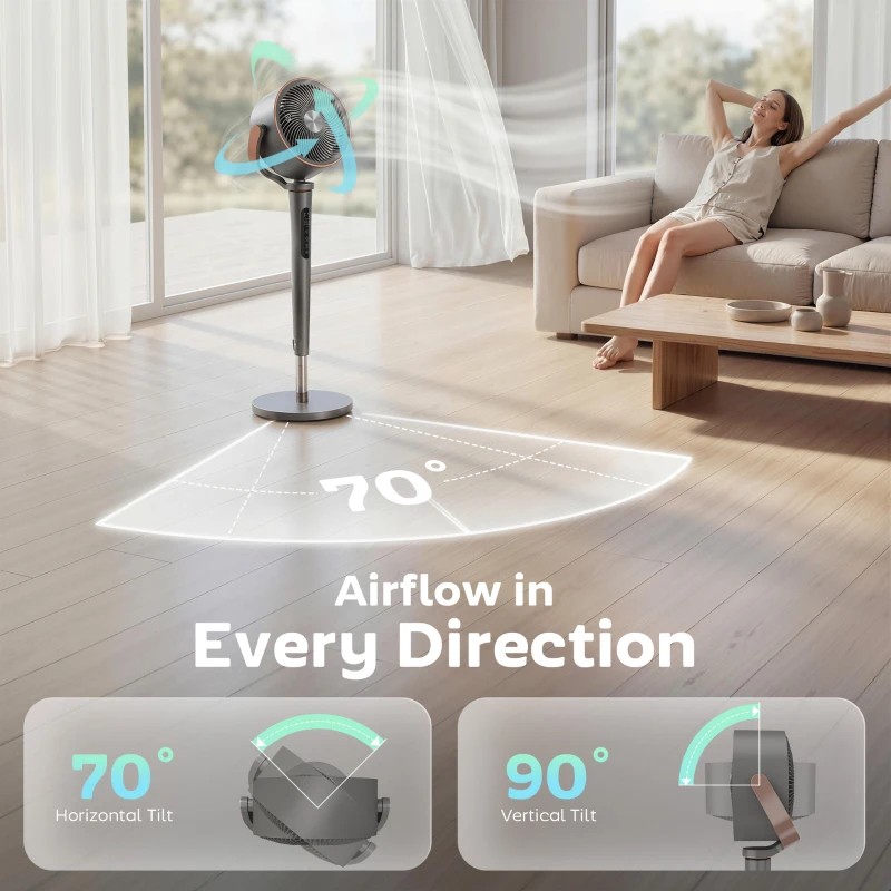 HOMCOM 20dB Silent Standing Fan, 70°+90° Auto Oscillating Fan with 12 Speeds, LED Light, Air Circulator, Remote Control, 12H Timer, for Bedroom, 46 Inch, Grey
