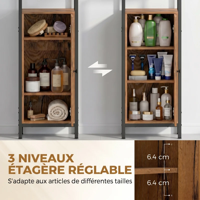 kleankin Meuble colonne de salle de bain industriel 3 étagères ouvertes porte à lamelles étagères réglables marron rustique