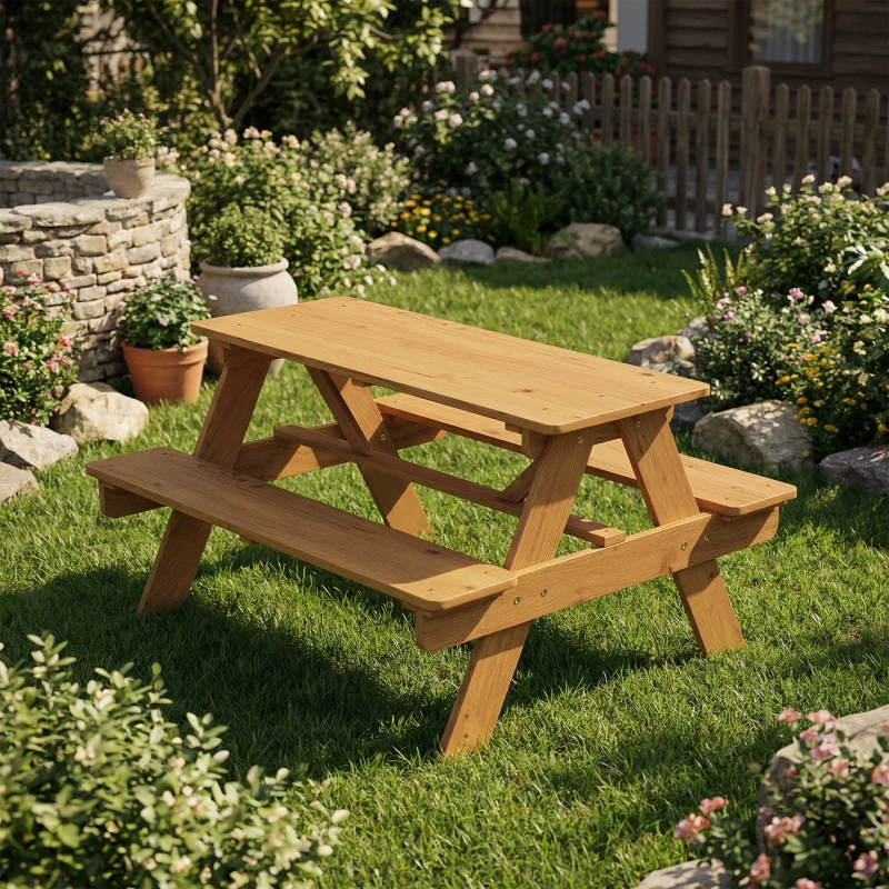AIYAPLAY Ensemble salon de jardin extérieur enfant, table pique-nique enfant avec bancs, cadre en bois massif, bois naturel