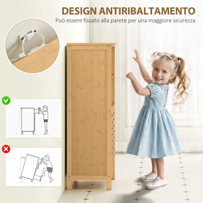 kleankin Mobiletto Bagno Salvaspazio in Legno con Armadietto, 2 Ante e 2 Ripiani Aperti, 50x29x92 cm