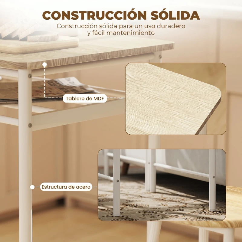 HOMCOM Set de Mesa Alta y 2 Taburetes con Estante de Almacenamiento y Marco de Metal 80x50x90 cm Blanco y Natural