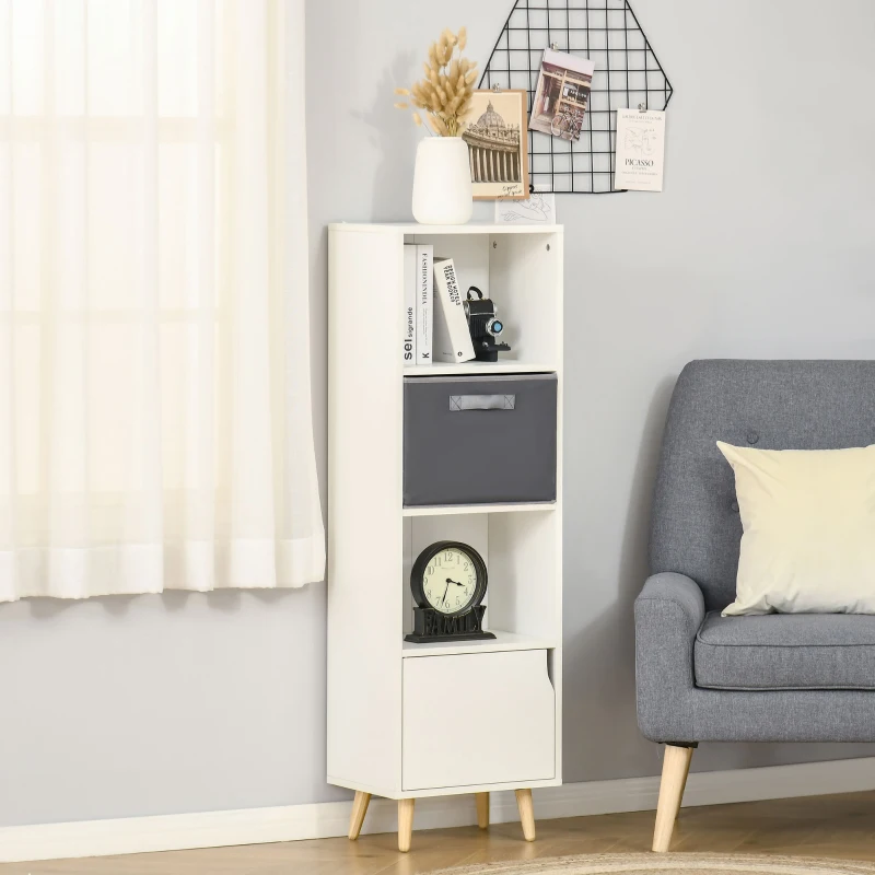 HOMCOM Bookcase with Door and Fabric Drawer, 3 Tier Bookshelf Display Cabinet with Wooden Legs for Living Room Bedroom Study, White