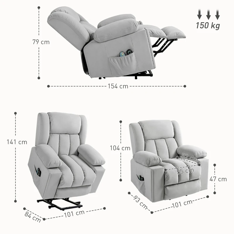 HOMCOM Elektrische TV Fauteuil met Opsta-hulp Relaxfauteuil met Lig-, Warmte- en Massagefunctie Massagesessel met Afstandsbediening Bekerhouder Zijvak USB Pocketvering Fluweel Lichtgrijs(m-3)