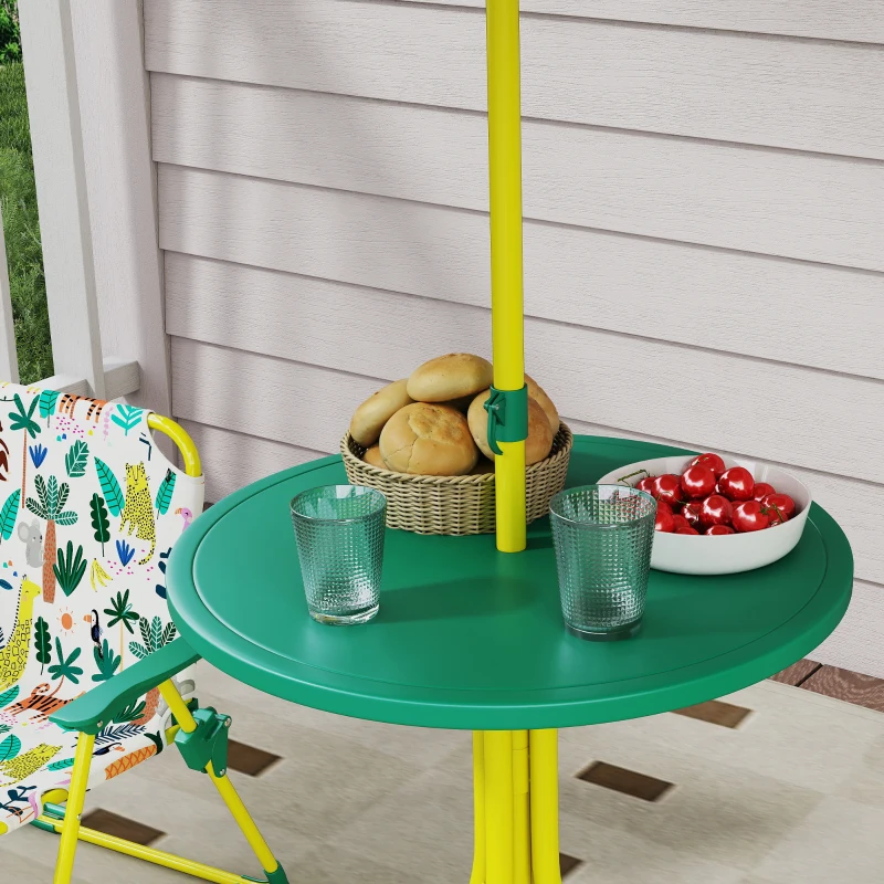 AIYAPLAY Conjunto Infantil de Mesa e Cadeiras de Jardim de 4 Peças Cadeiras Dobráveis Chapéu de Sol Desmontável Design de Selva Verde