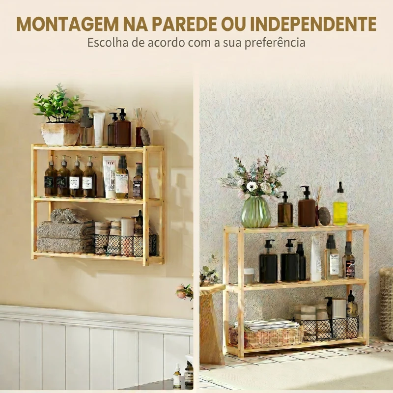 HOMCOM Raft de Baie cu 3 Polițe Reglabile în 5 Poziții, din Bambus, 60x15x50 cm, Culoare Lemn