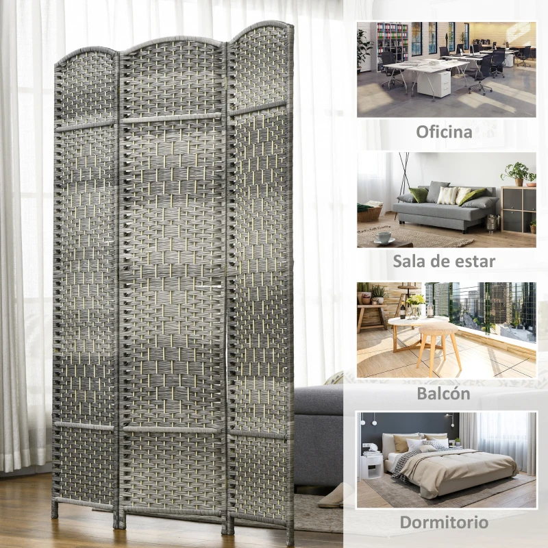 HOMCOM Separador de Ambientes de 3 Paneles Biombo Plegable 135x180 cm Pantalla de Privacidad de Polipropileno Gris Mixto