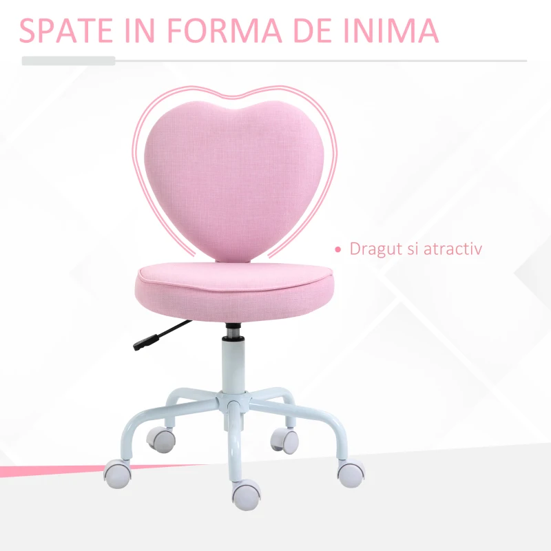 HOMCOM Scaun pentru Birou în Formă de Inimă cu 5 Roți și Înălțime Reglabilă din Material Textil Roz, 42x50x79-89cm(m-5)