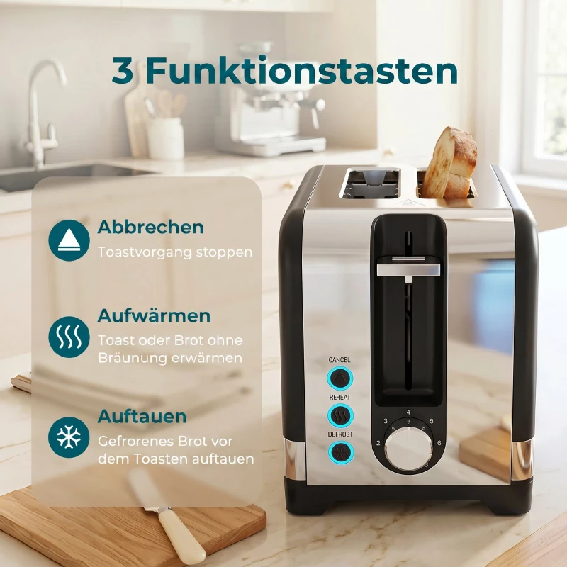 HOMCOM 2-Scheiben-Toaster mit 7 Bräunungsstufen, Aufwärm-/Auftau-/Abbruchfunktionen, Wärmerost, 930 W