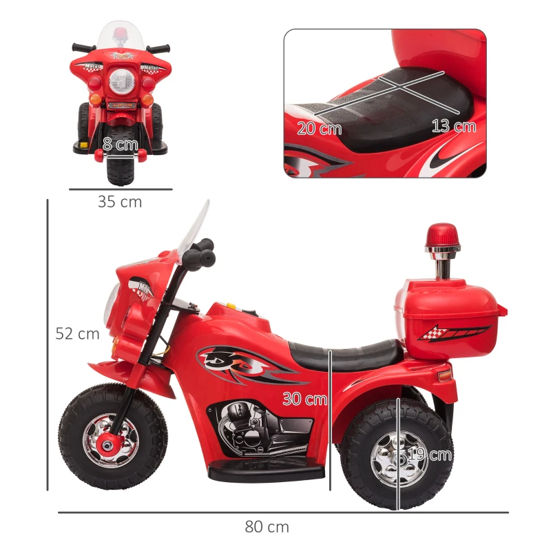 HOMCOM Moto Eléctrica para Niños de 18-36 Meses Moto de Batería 6V Motocicleta Infantil con 3 Ruedas Música Bocina Faros Baúl 80x35x52 cm Rojo