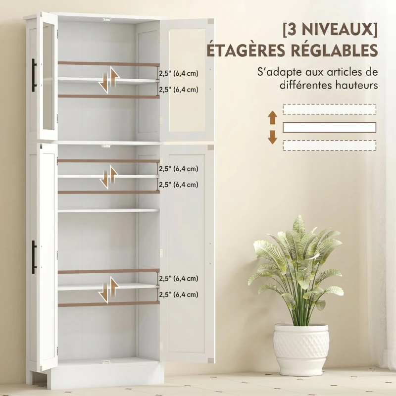 HOMCOM Meuble de salle de bain haut 6 niveaux, meuble de rangement avec 4 portes dont 2 vitrées et étagères réglables, blanc
