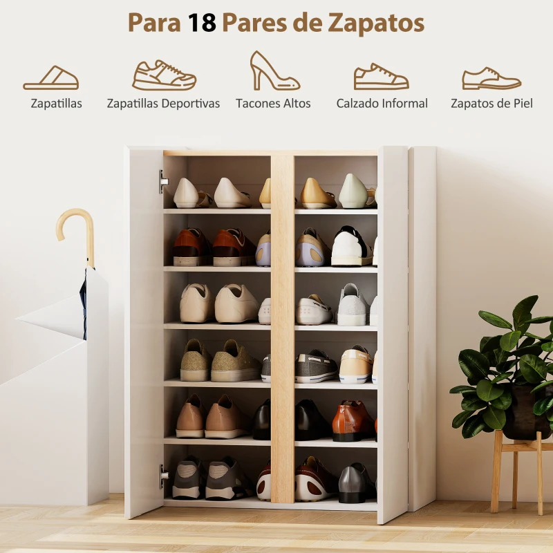 HOMCOM Zapatero de 6 Niveles con 2 Puertas en Blanco Brillo con Cierre Suave y Estantes Ajustables 70x33,5x95 cm Blanco