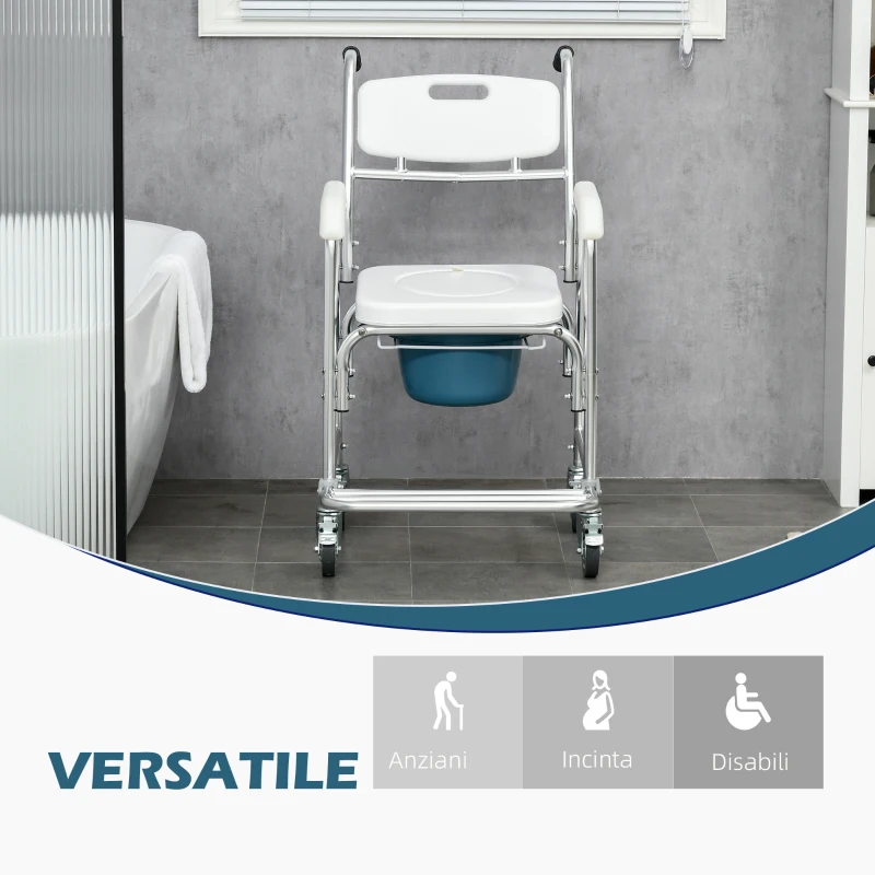 HOMCOM Sedia Comoda con Ruote per Anziani 3 in 1, Sedia per WC in Alluminio con Secchio Rimovibile, Bianco