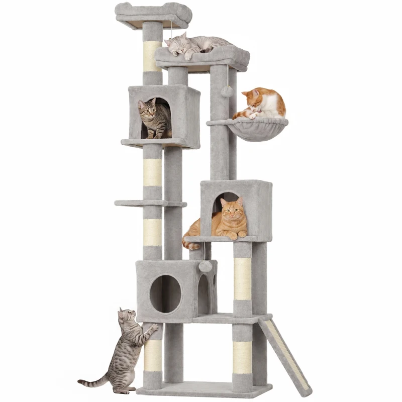 PawHut Kratzbaum Große, 200 cm hoch Katzenbaum mit 2 Betten, 3 Höhlen, Hängematte, 3 Bällen für 1-3 Katzen unter 6 kg, Hellgrau