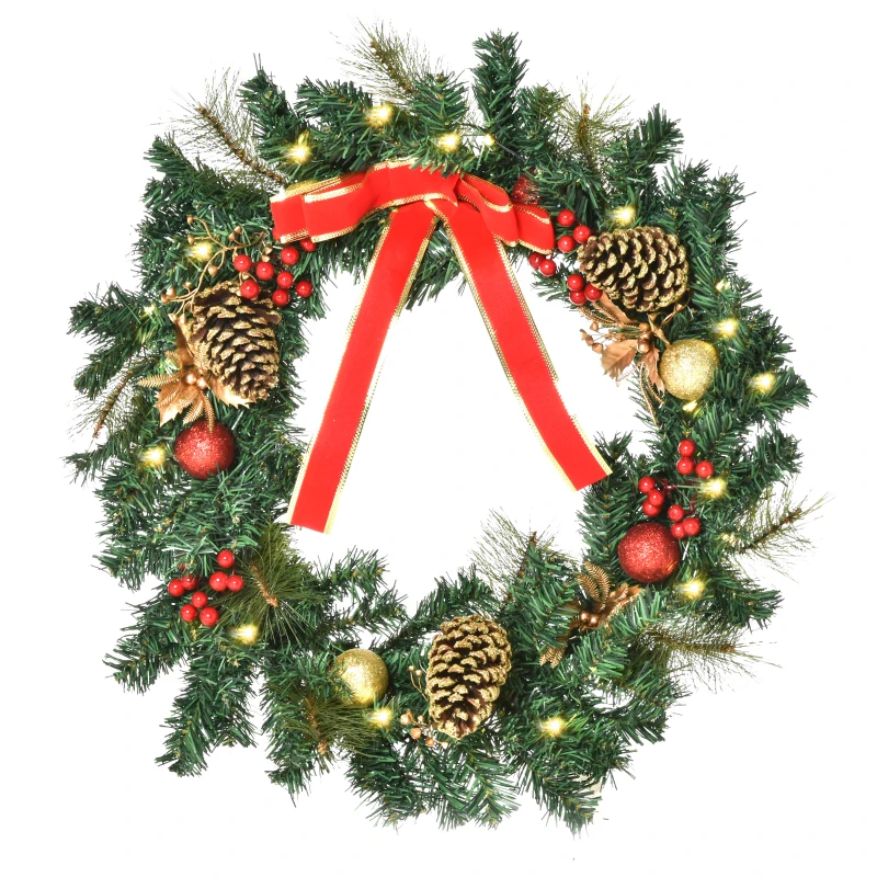 HOMCOM 60cm Pre-Lit Artificial Christmas Door Wreath Holly LED Decor Pine Cones Hanging Glittered Festival Indoor Decoration