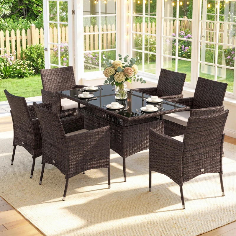 Outsunny 7 tlg. Polyrattan Gartenmöbel Rattan Gartenset Sitzgruppe Garnitur Essgruppe inkl. Kissen 6 Personen Braun+Creamweiß 150 x 80 x 74 cm