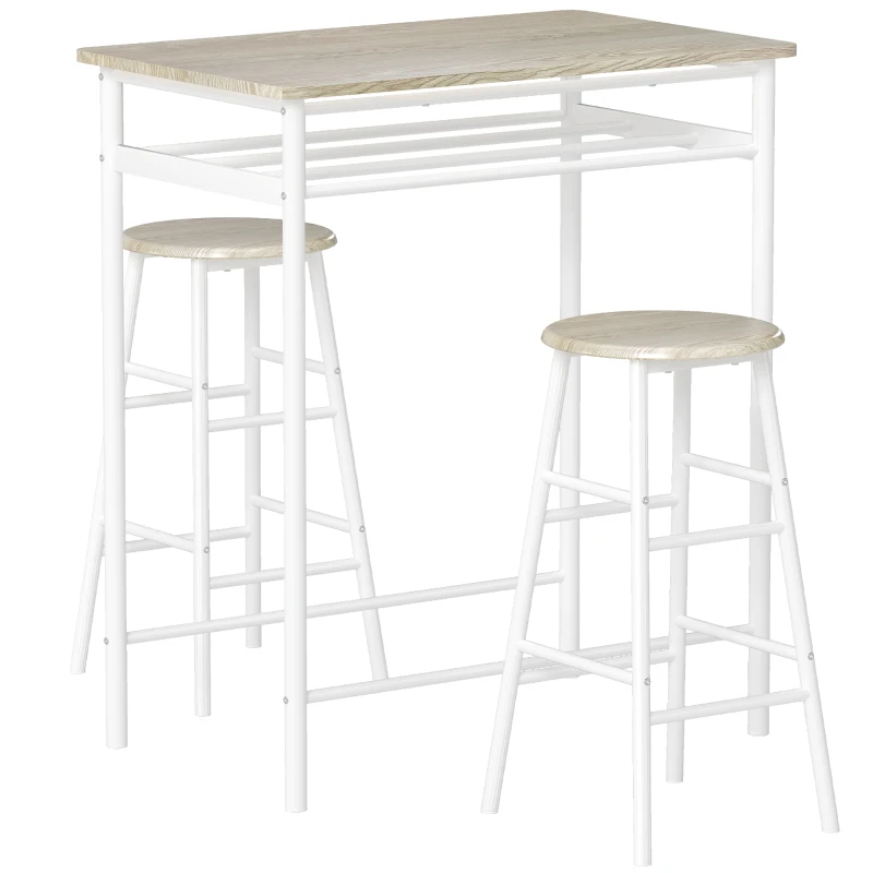 HOMCOM Set de Mesa Alta y 2 Taburetes con Estante de Almacenamiento y Marco de Metal 80x50x90 cm Blanco y Natural