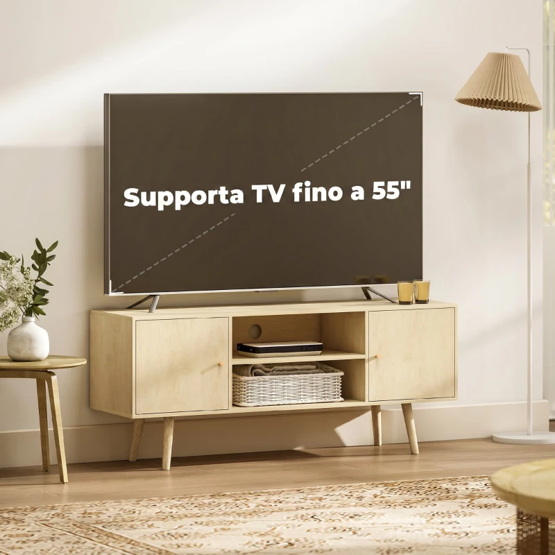 HOMCOM Mobile TV 55" max con 2 Armadietti e 2 Ripiani Aperti, in Legno e Truciolato, 120x34x50 cm, Color Legno
