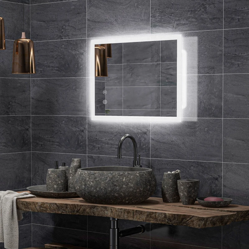 kleankin Specchio Bagno con Luci LED Regolabili, Controllo Touch e Antiappannamento, 70x50 cm