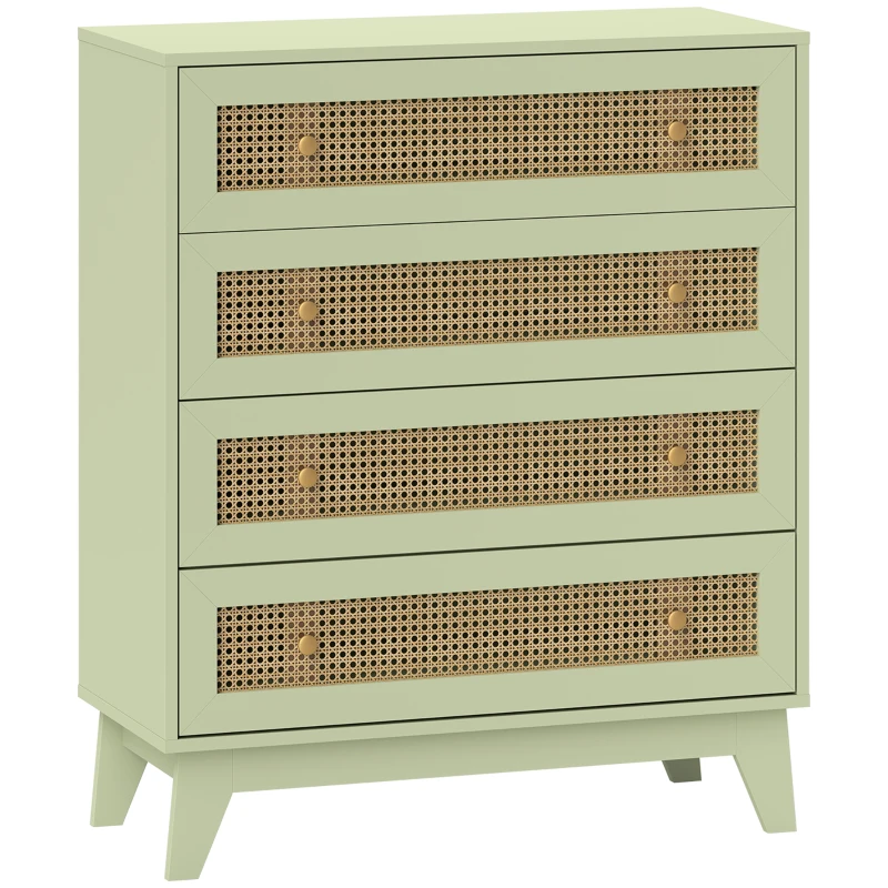 HOMCOM Commode 4 tiroirs meuble de rangement cannage en rotin aspect bois clair 80 x 35 x 95 cm vert