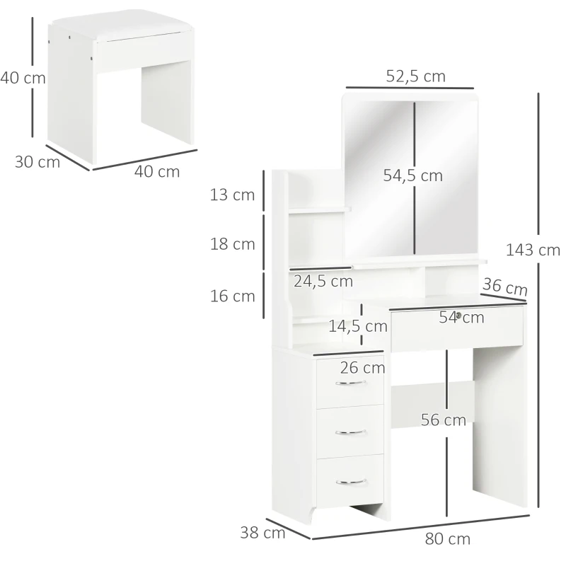 HOMCOM Toeletta da Trucco con Specchio, Tavolo da Trucco, Sgabello, 4 Cassetti e 4 Ripiani, Bianco