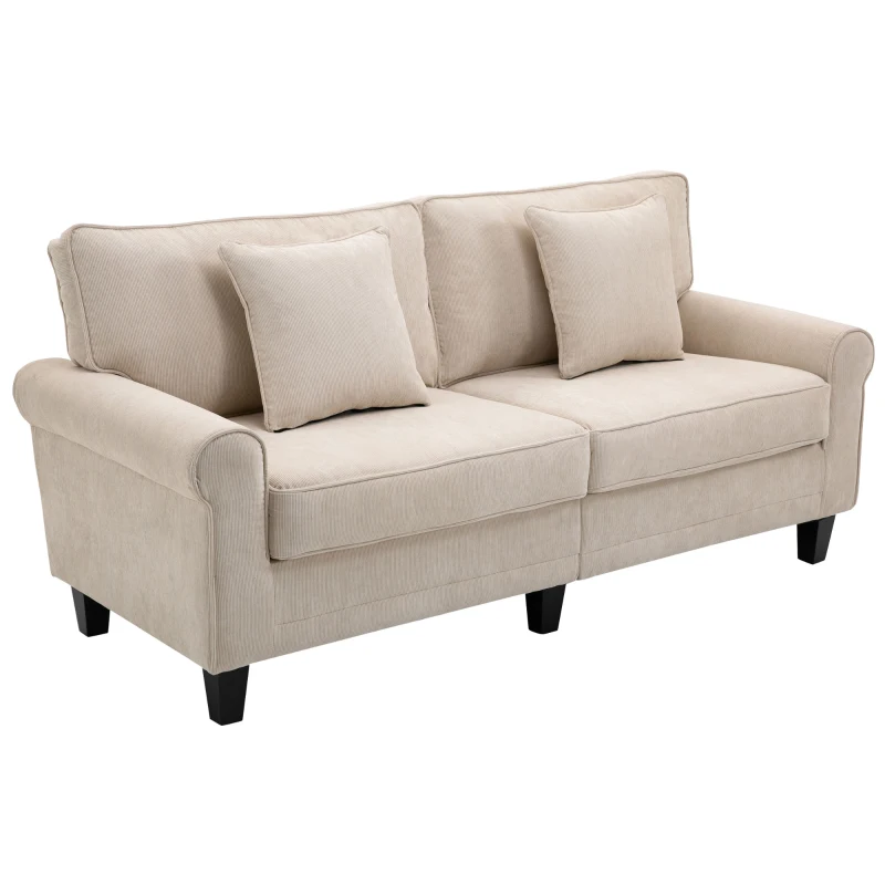 HOMCOM Canapé 3 places en tissu velours côtelé, canapé salon, 197 cm, avec accoudoirs et dossier rembourrées, canapé avec 2 oreillers, pieds en bois massif de pin, pour salon, chambre, bureau, beige