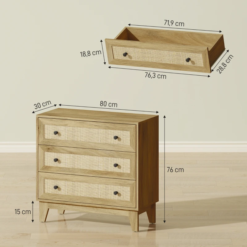 HOMCOM Cómoda con 3 Cajones Cajonera de Madera con Frontales de Ratán Estilo Cannage para Dormitorio 80x35x76 cm Natural