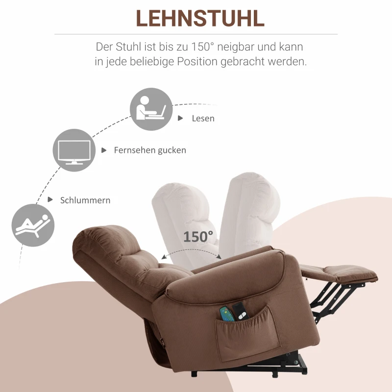 HOMCOM tv-stoel opstahulp stoel met massagefunctie verwarming lichtbruin