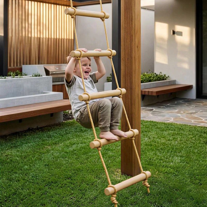 AIYAPLAY Strickleiter für Kinder 5-stufige Kletterleiter mit 2 Karabinern 2 Baumgurten für 3-8 Jahre 40 x 3,5 x 180 cm Naturholz