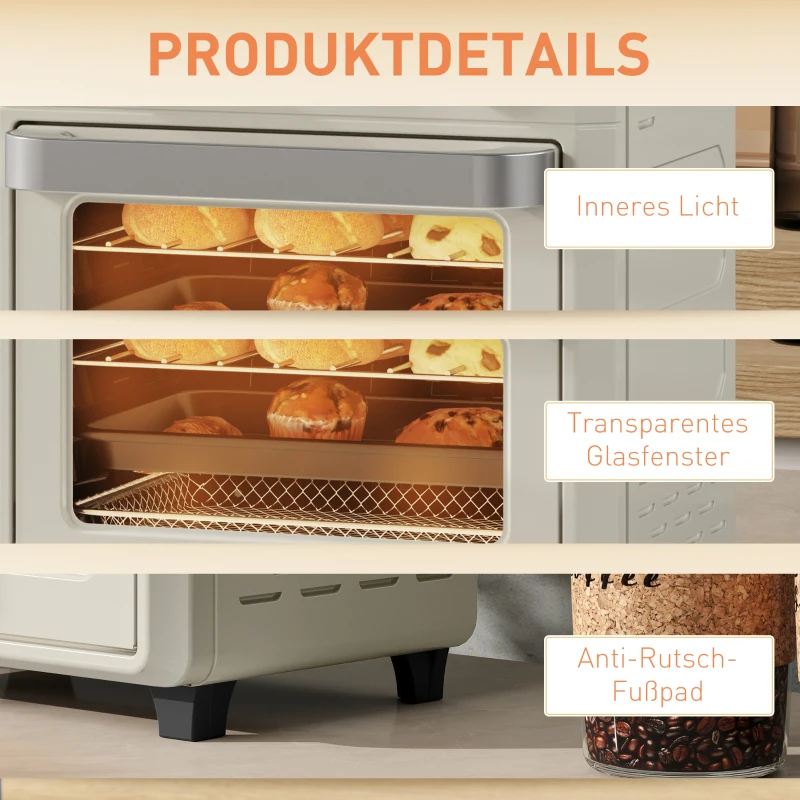 HOMCOM mini-oven met hetelucht, 10 liter airfryer, compacte oven met 60-minuten timer en binnenverlichting, 80-230℃, 3 insteekniveaus, vaatwasserbestendig accessoire, 1000W, crème wit(m-9)