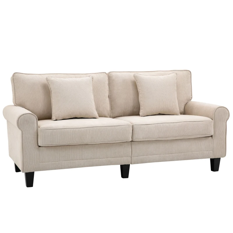 HOMCOM Canapé 3 places en tissu velours côtelé, canapé salon, 197 cm, avec accoudoirs et dossier rembourrées, canapé avec 2 oreillers, pieds en bois massif de pin, pour salon, chambre, bureau, beige