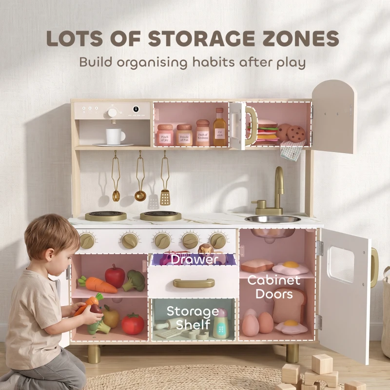 AIYAPLAY Play Kitchen, Kids Kitchen Playset with Rotating Coffee Machine, Storage Shelf, Stove, Gift for Kids 3-6 Years, White