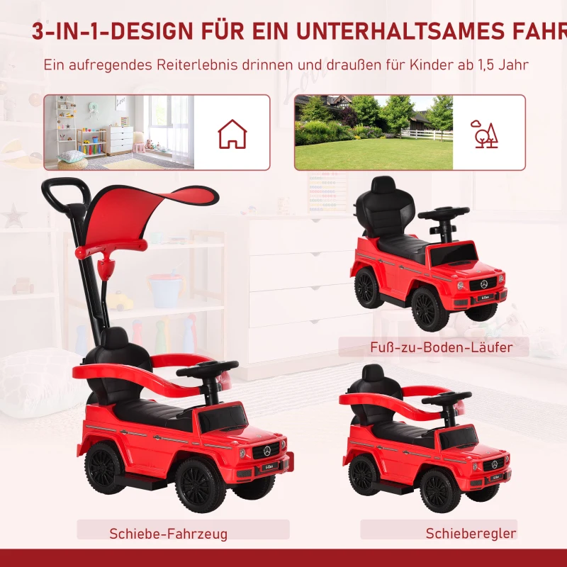 HOMCOM Rutschauto mit Schiebstange Mercedes-Benz G350 Rutschfahrzeug mit Lenkrad 3-in-1 Schiebeauto für 18-36 Monate Kinder Rot