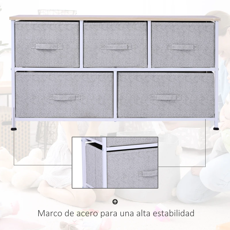 HOMCOM Cómoda con 5 Cajones de Tela Cómoda para Dormitorio Marco Metálico 100x30x54 cm Gris