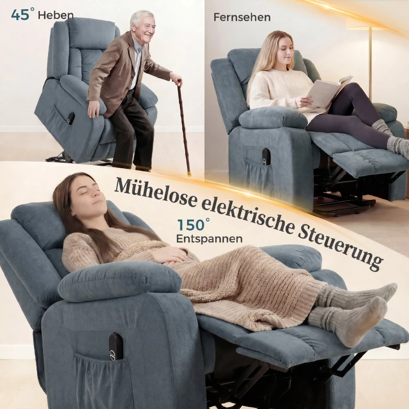 HOMCOM Aufstehsessel mit weichem Bezug, Recliner-Sessel mit Fernbedienung und Seitentaschen, Grau