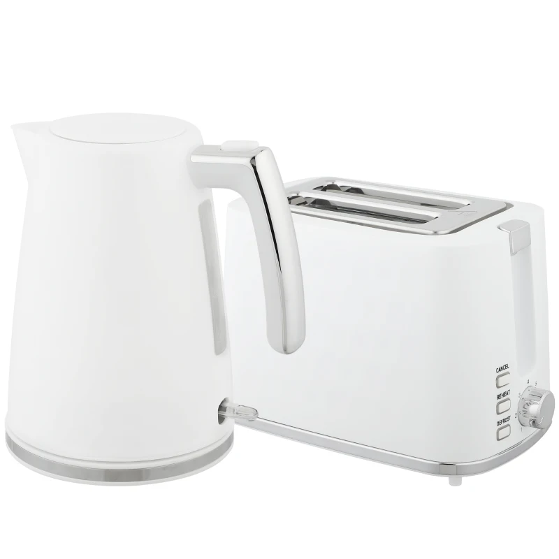 HOMCOM Set Fierbător Electric de 1.7L 2200W cu Termostat și Prăjitor de Pâine Dublu cu 7 Niveluri de Rumeneală, Alb