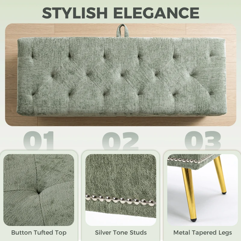 HOMCOM Storage Ottoman, Chenille Upholstered Ottoman Storage Box with Padded Seat, Metal Legs, 114 x 41 x 45 cm, Light Green
