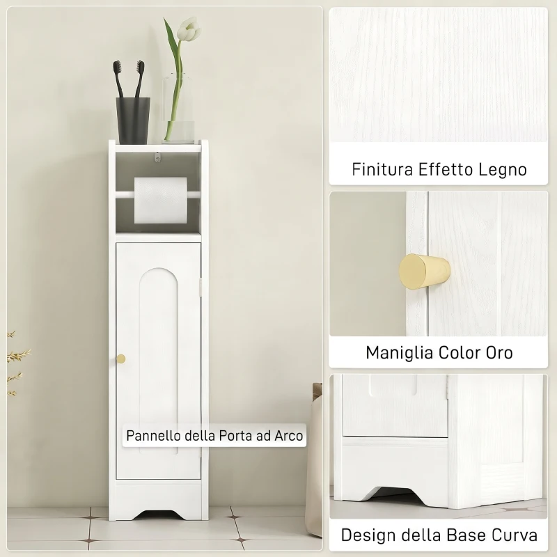 HOMCOM Mobile Porta Carta Igienica in Legno con Armadietto con Ripiano Interno Regolabile, 21x20x79 cm, Bianco